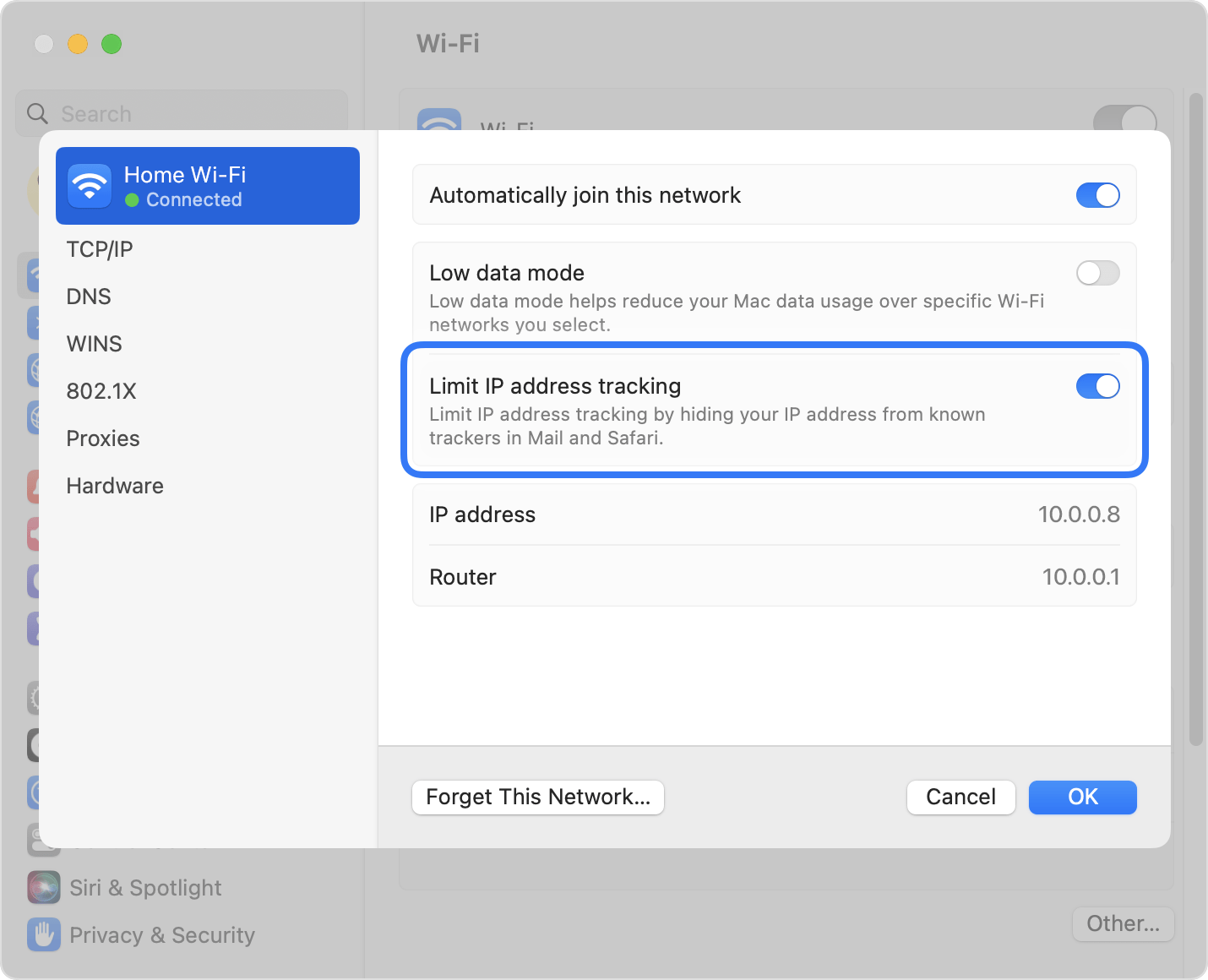 How to Connect MacBook Pro to Ethernet with a USB-C 4 Mac Wi-Fi settings highlighting Limit IP address tracking