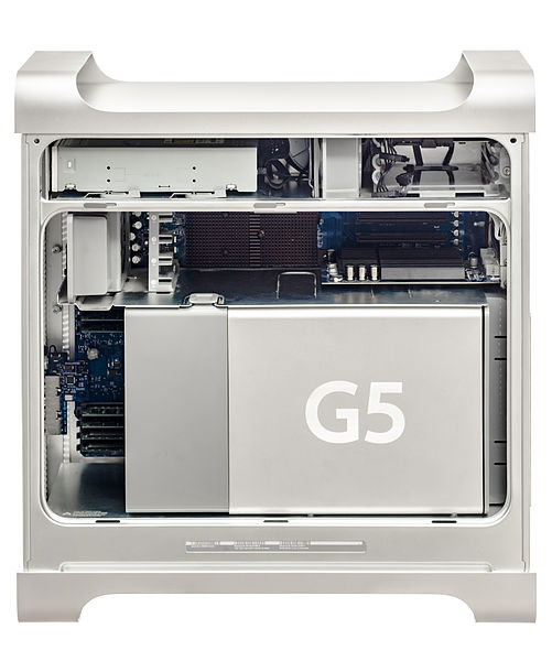 How to Boot Power Mac G5 from USB 1 Apple Power Mac G5 interior with side panel off, showing G5 CPU cover, RAM/PCI slots, and aluminum tower components