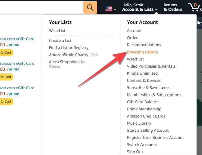 How Do I Find My Search History On Amazon? 2 Amazon account menu with Browsing History link