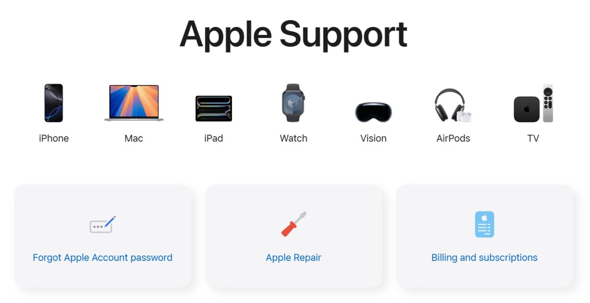 What Is Apple Email Address 3 Apple Support homepage with device categories and “Forgot Apple Account password” tile