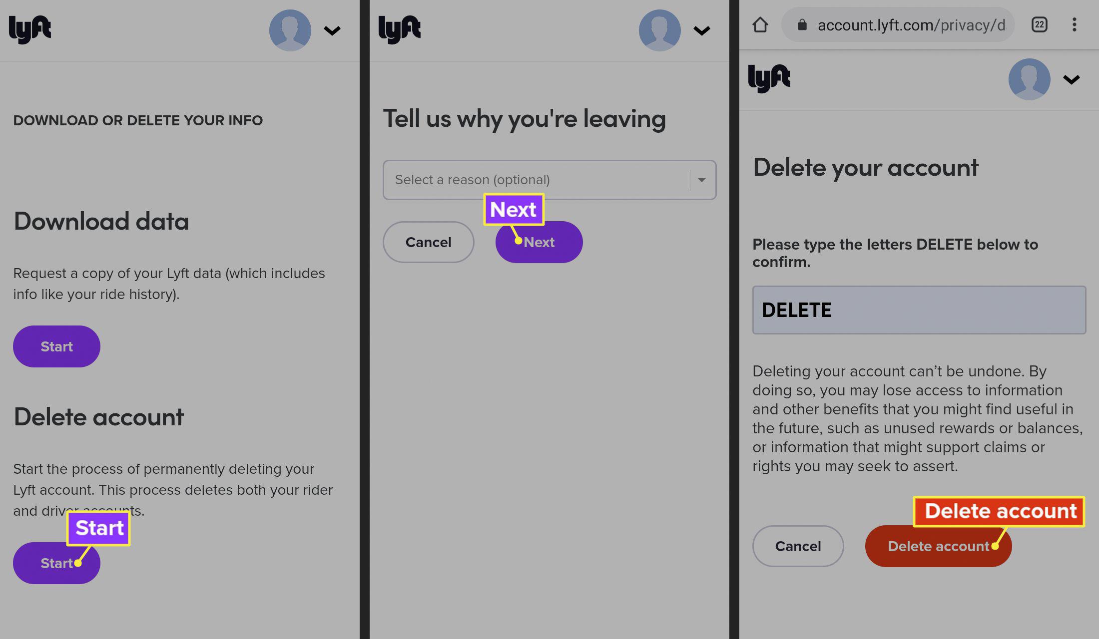 how to delete lyft account