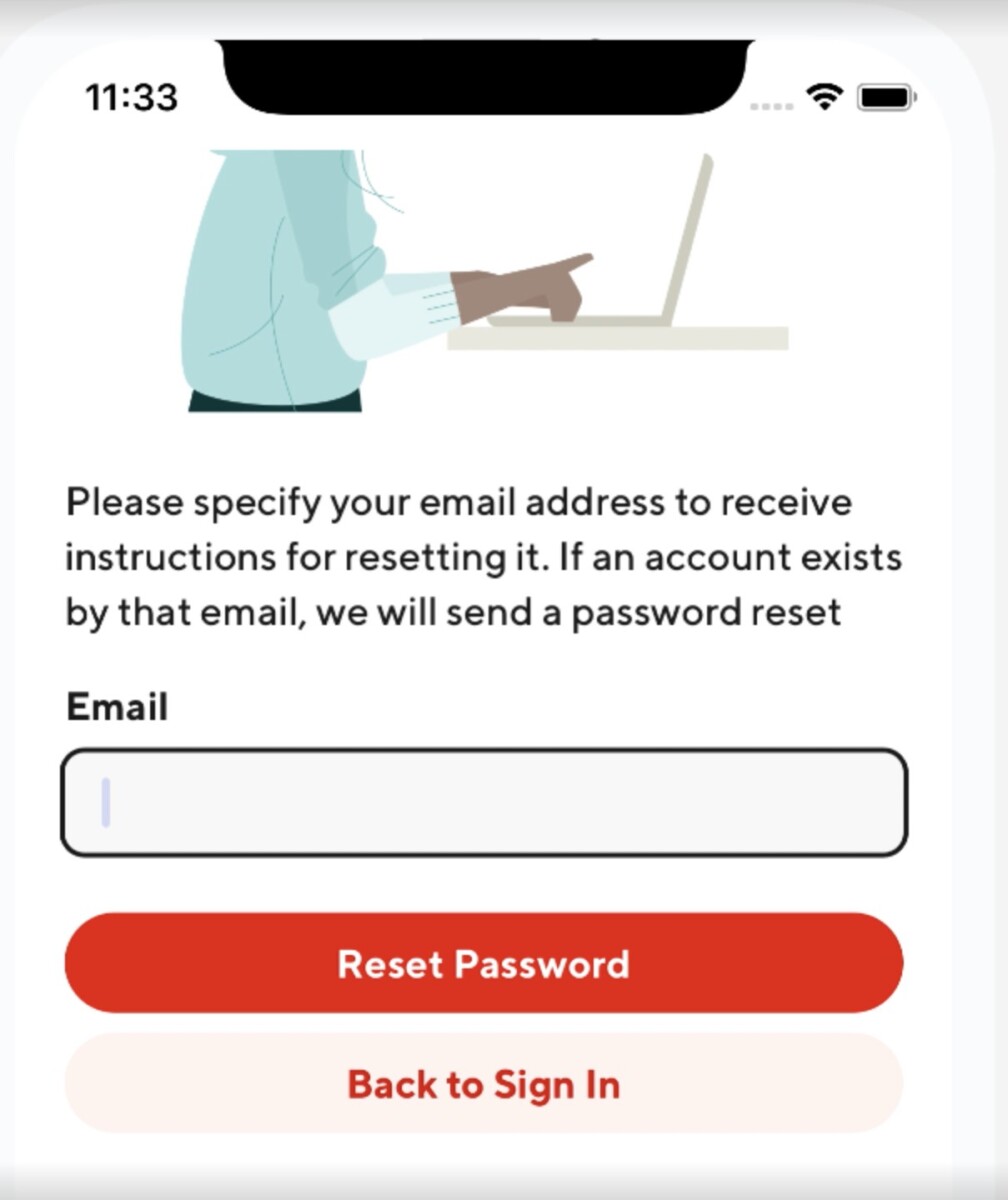 DoorDash password reset screen on mobile with email field and Reset Password button