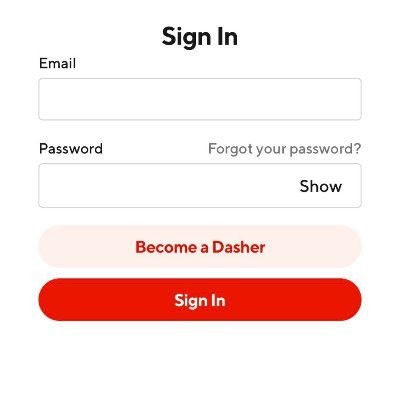 DoorDash login page with email and password fields and Sign In button