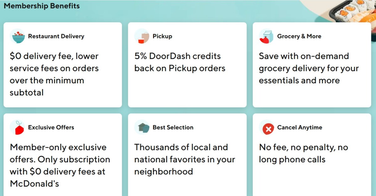 How To Cancel Doordash Pass 2 DashPass membership benefits grid showing $0 delivery fees, 5% pickup credits, grocery savings, exclusive offers, cancel anytime