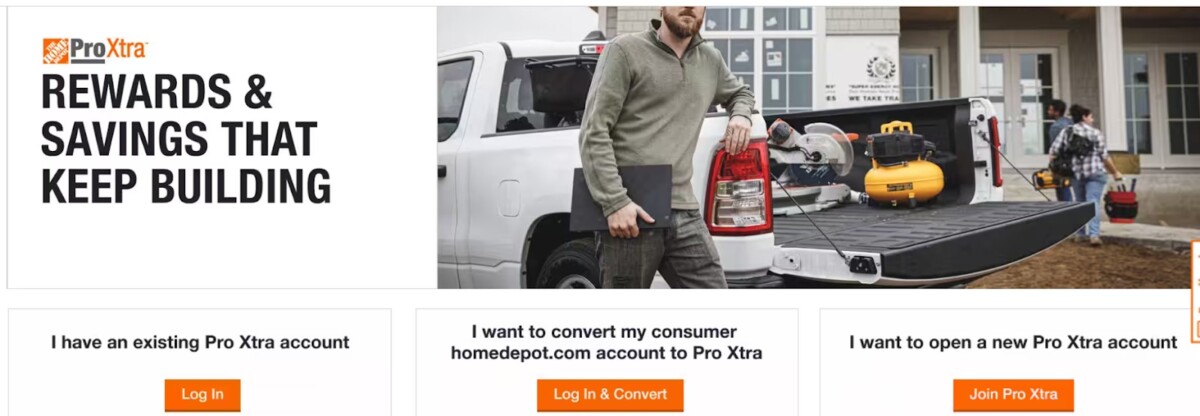 What Is Home Depot Pro Account? 2 Home Depot Pro Xtra account page—log in, convert consumer account, or join Pro Xtra