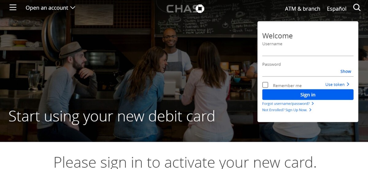 Chase online banking sign-in page with “Start using your new debit card” prompt for Chase debit card activation.