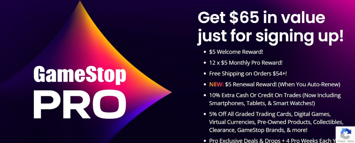 GameStop Pro membership promo highlighting $65 value, $5 welcome + monthly rewards, and free shipping