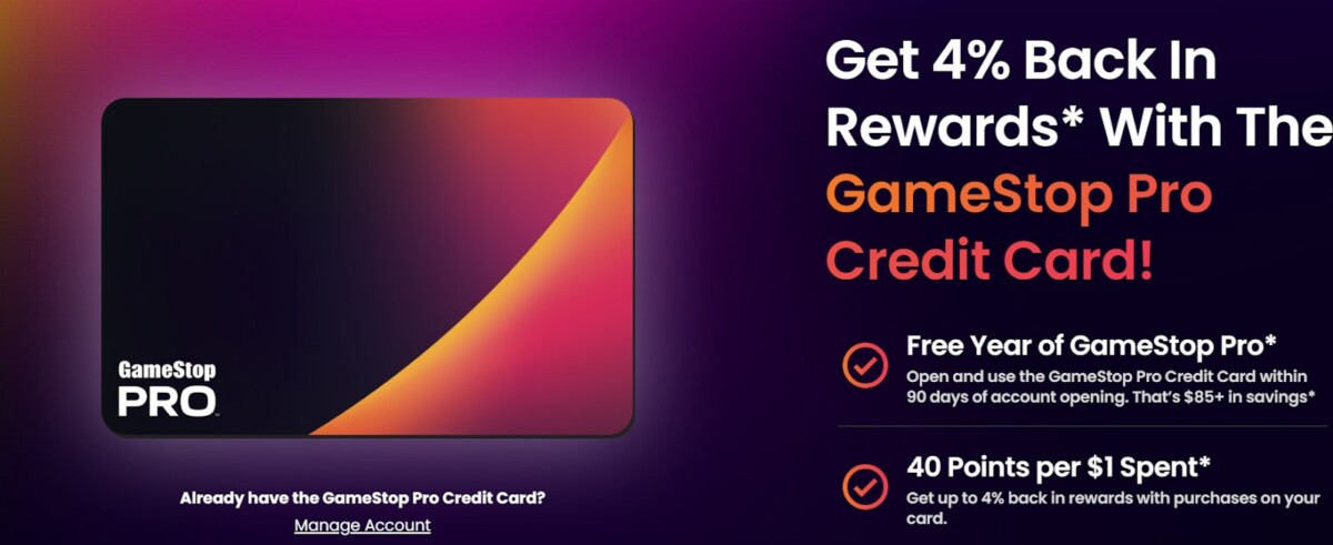 GameStop Pro credit card ad showing 4% back in rewards, free year of Pro, and 40 points per $1 spent.