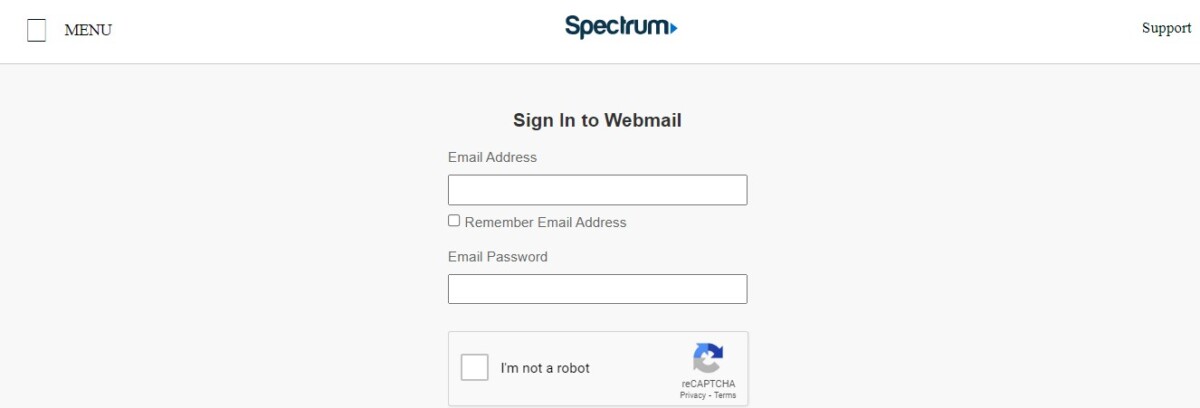 Spectrum Webmail login screen with fields for email address, password, and CAPTCHA.