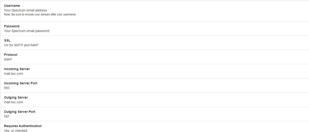 Spectrum email IMAP and SMTP server settings with ports and authentication details.