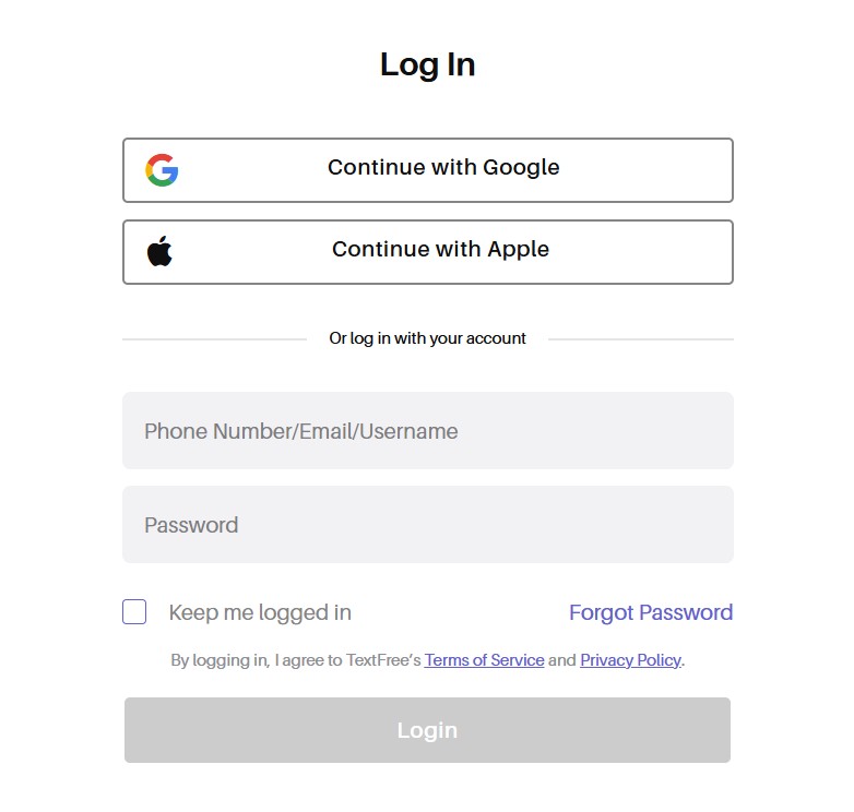 How To Log Into TextFree 2 TextFree login page with Google or Apple sign-in and username/password fields.