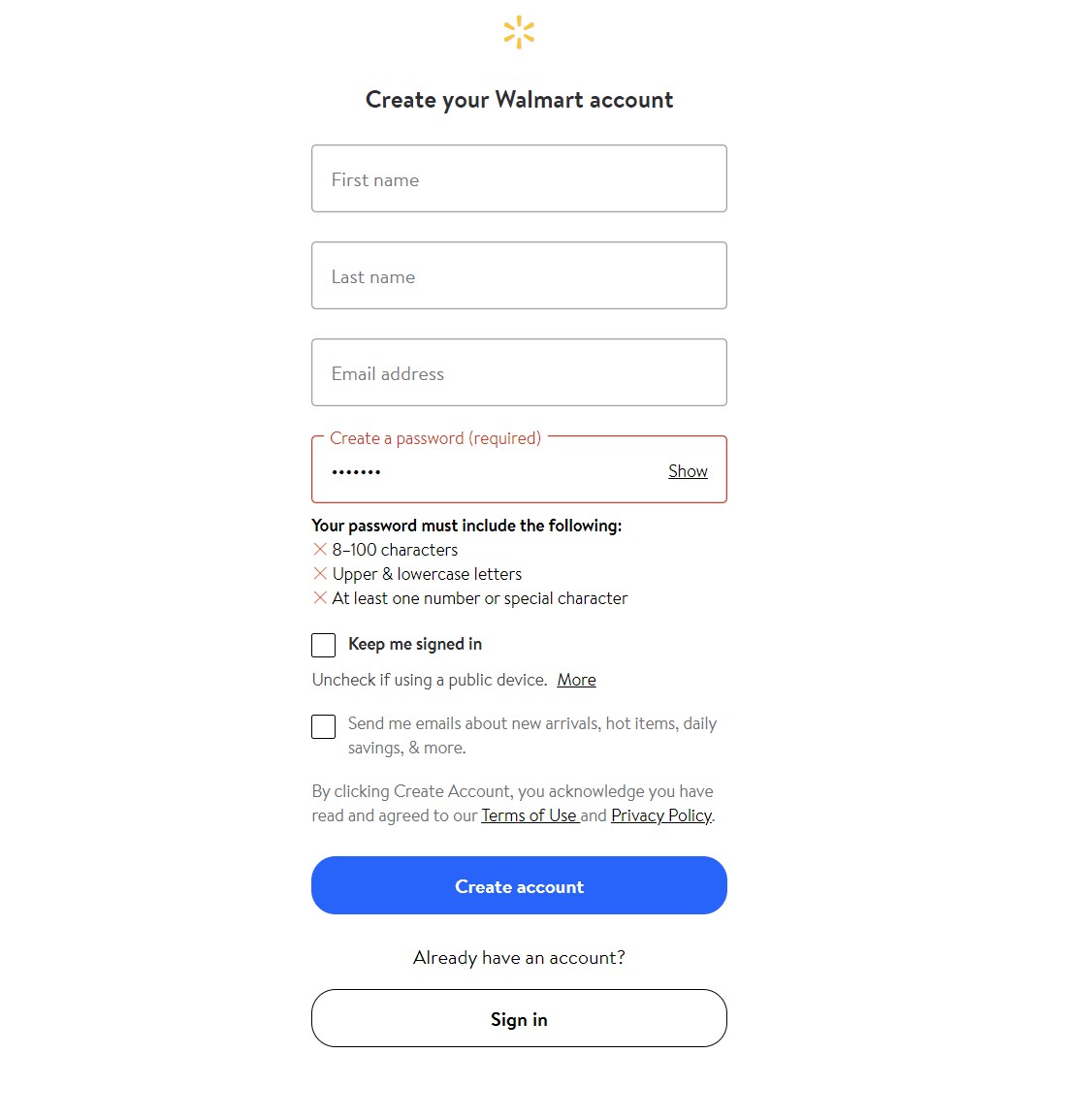 What You Need to Know About Walmart Accounts 2 Create your Walmart account sign-up form with name, email and password fields