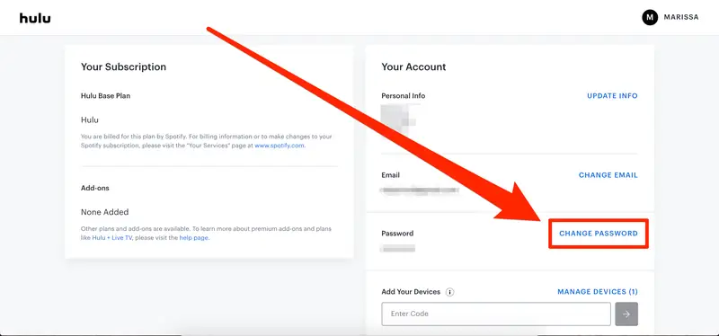 Hulu account settings page with Change Password highlighted.
