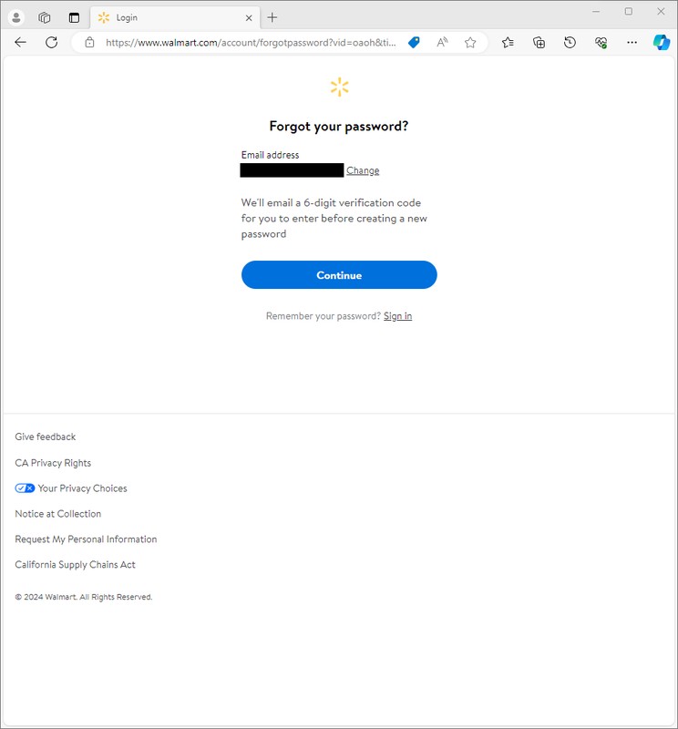 What You Need to Know About Walmart Accounts 3 Walmart forgot password page requesting email to send six-digit verification code
