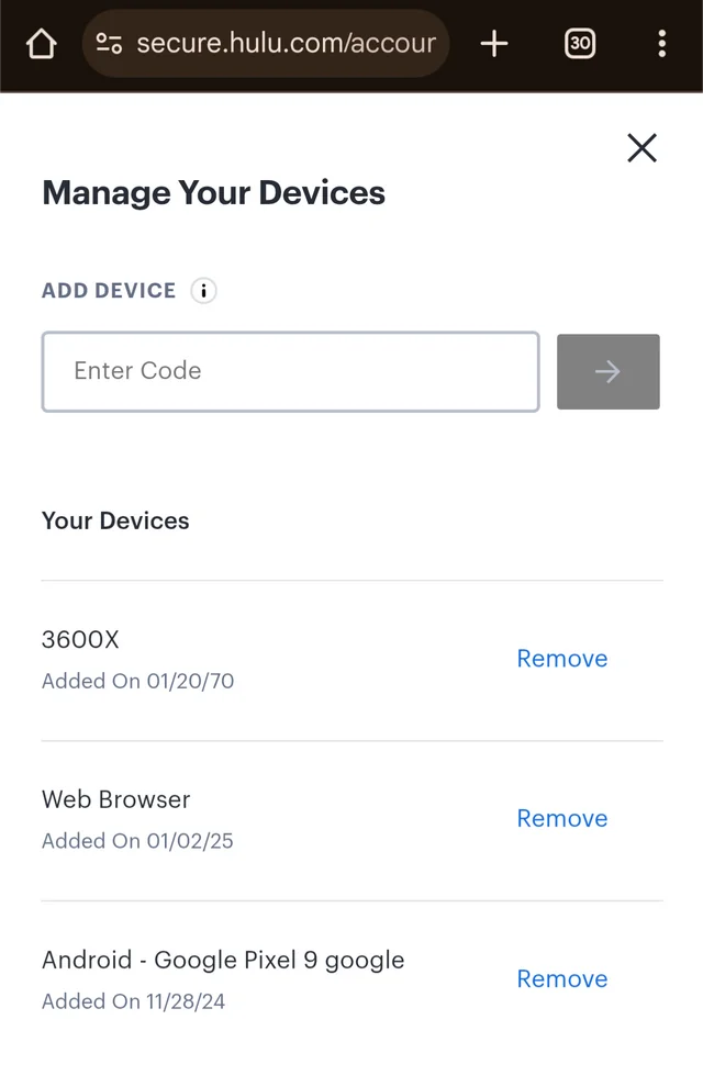Hulu Manage Your Devices screen showing device list and remove options