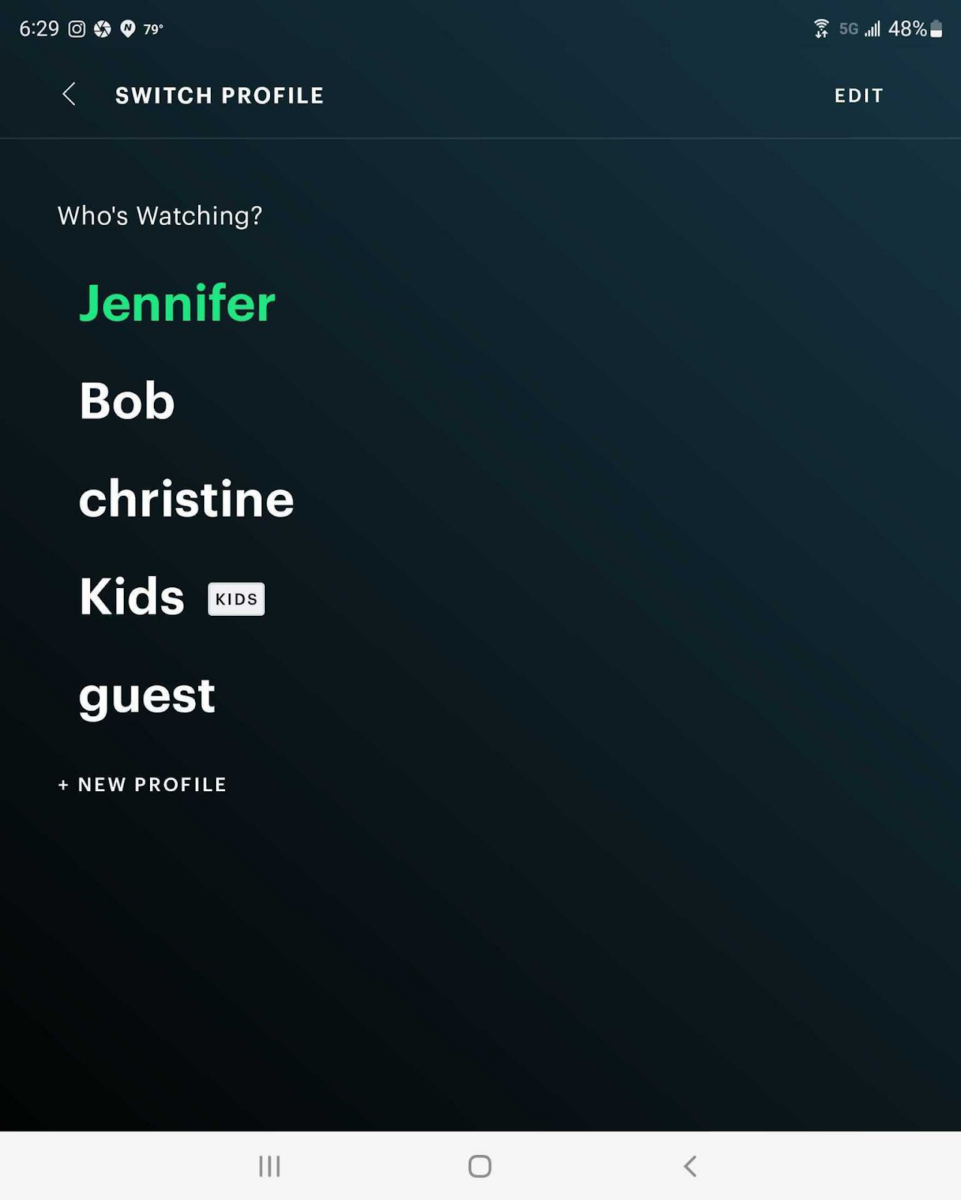Hulu profile selection screen with multiple user profiles.