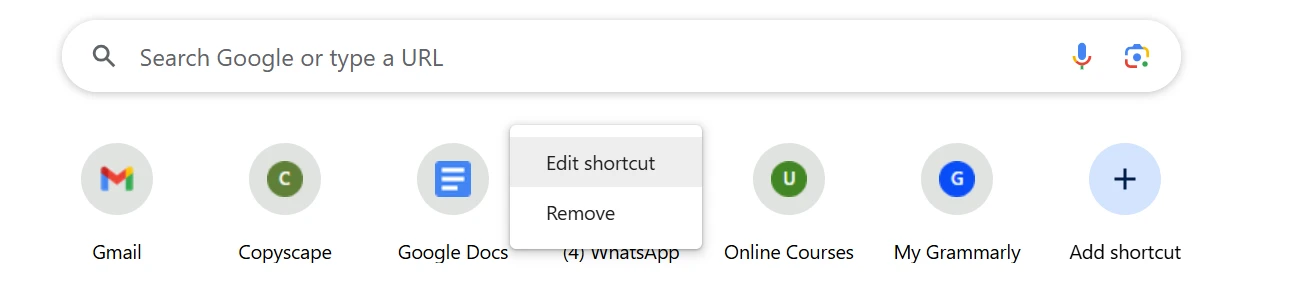 Chrome New Tab shortcuts row showing ‘Edit shortcut’ and ‘Remove’ menu