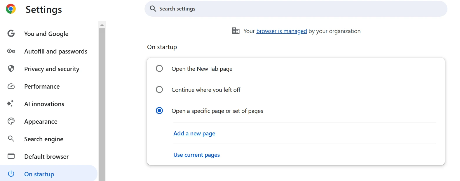 Chrome Settings On startup options with ‘Open a specific page or set of pages’ selected