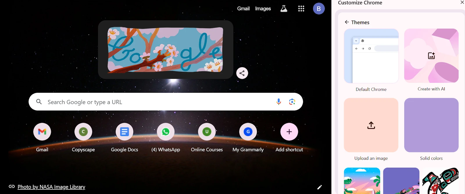 Chrome ‘Customize’ panel with Themes, including dark space background and upload/solid color options