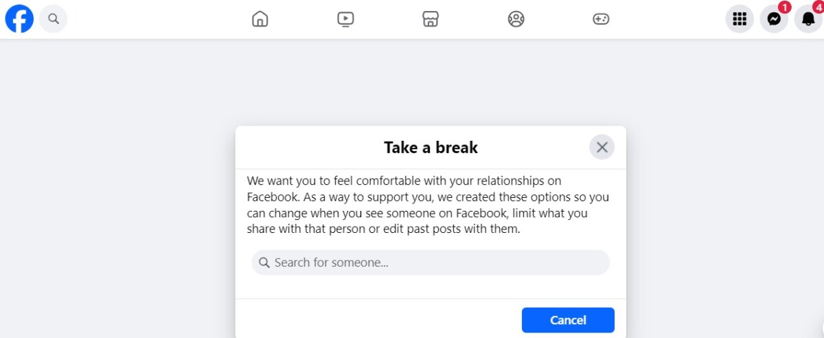 What Does Take A Break Mean On Facebook ? 2 Facebook Take a Break pop-up with search box and Cancel button