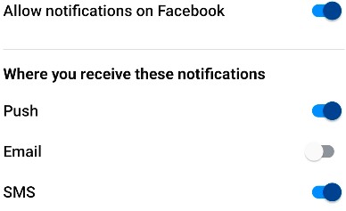 Facebook Notifications Troubleshooting Tips 3 Facebook notification settings screen showing push, email, and SMS toggles