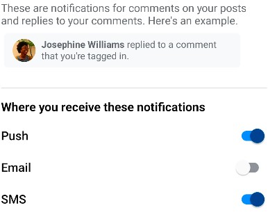 Facebook Notifications Troubleshooting Tips 4
Example Facebook comment alert with push and SMS notification options enabled