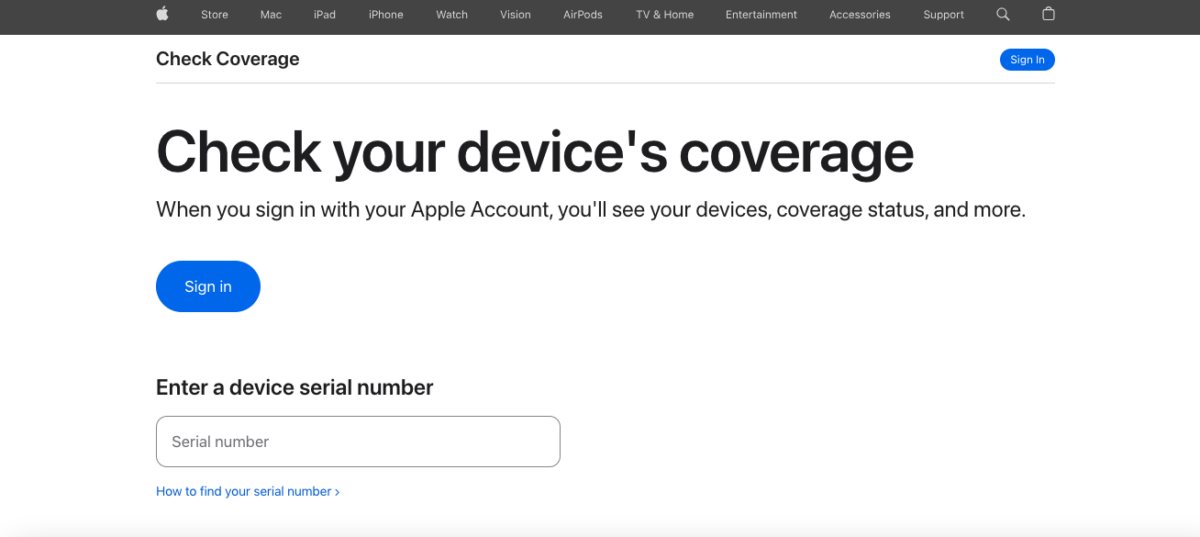 Apple Check Coverage page to verify iPhone warranty by serial number