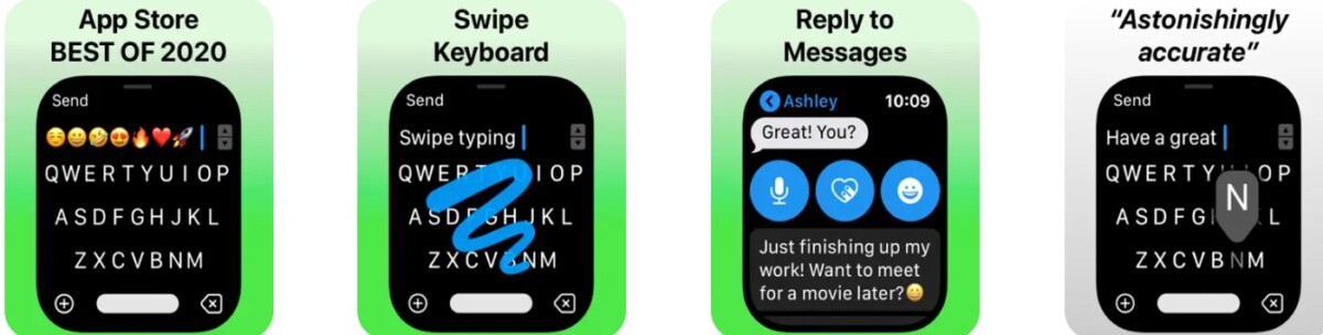 Does Apple Watch Have A Text Keyboard? 3 FlickType swipe keyboard app for Apple Watch showing swipe typing and quick reply features