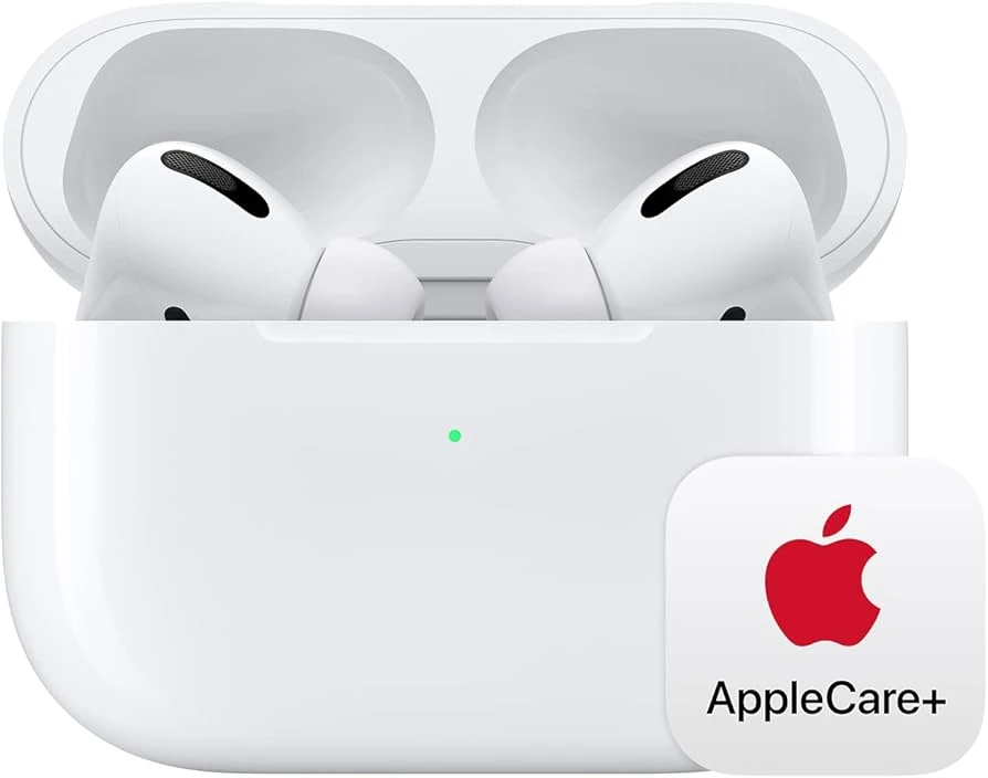 Apple AirPods Pro in charging case with AppleCare+ badge, highlighting extended warranty and accidental damage coverage.