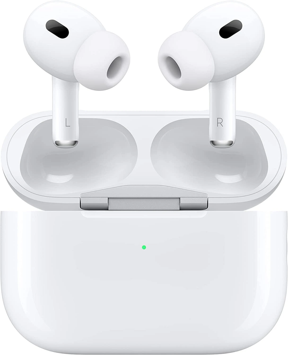 Apple AirPods Pro (2nd gen) in open MagSafe charging case, close-up of earbuds with silicone tips labeled L and R.