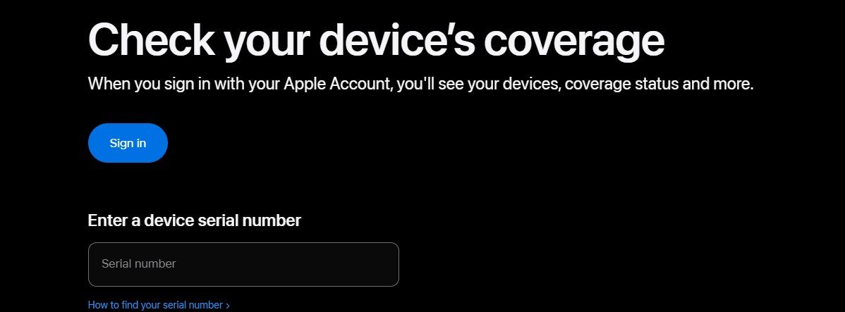 Apple warranty check page to enter serial number for coverage