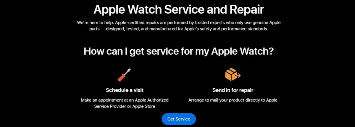 Apple Watch Service and Repair options page on Apple Support