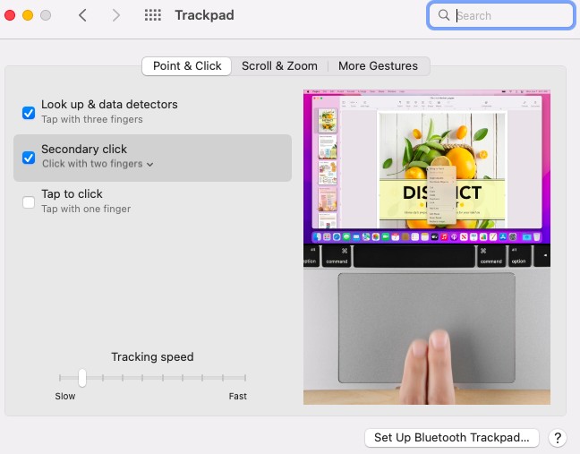 macOS Trackpad settings with “Secondary click” enabled under Point & Click