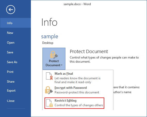 Word screenshot showing Protect Document → Restrict Editing option in the Info panel.