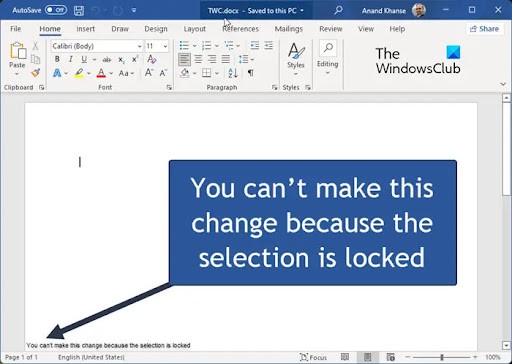 Microsoft Word error message: “You can’t make this change because the selection is locked.