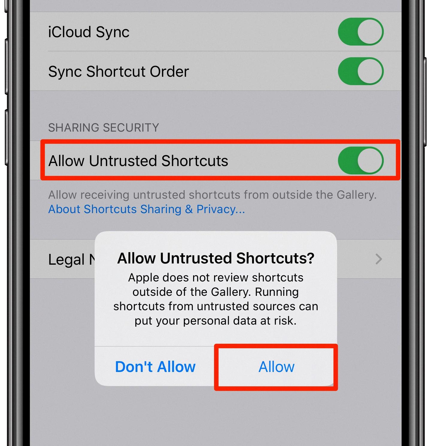 allow untrusted shortcuts ios 16