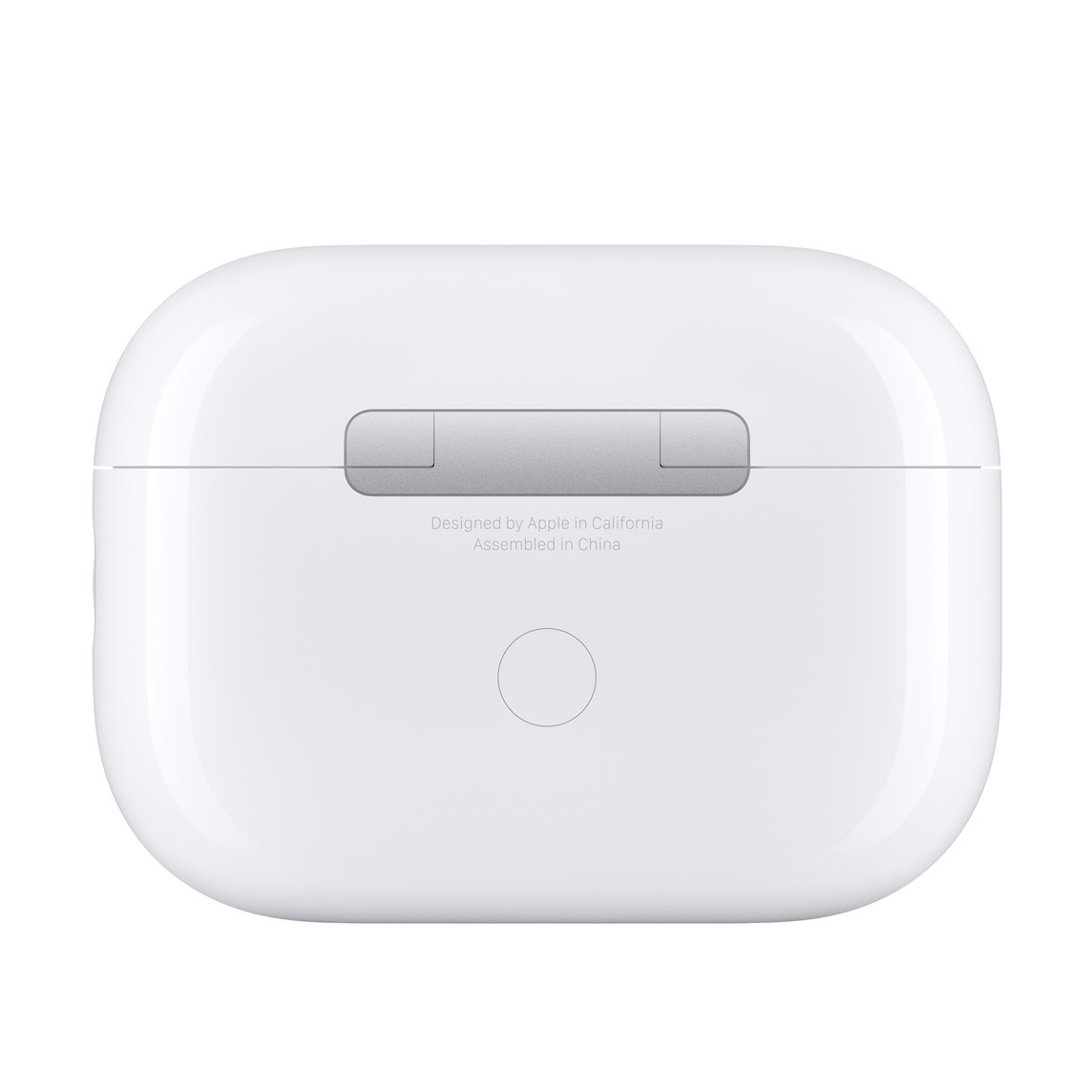 Close-up of AirPods Pro charging case back showing the pairing button and hinge