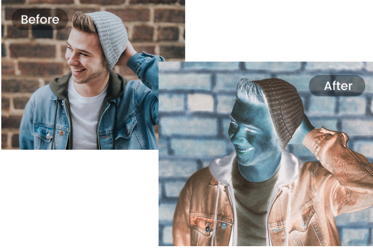 How To Invert Colors On A Picture On iPhone ? 1 Before and after color inversion effect on a man wearing a beanie and denim jacket