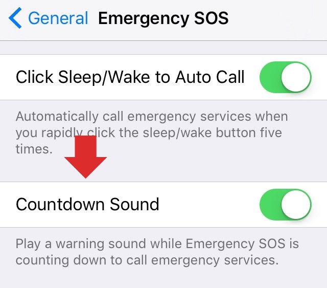 iPhone Emergency SOS settings with auto call and countdown sound enabled
