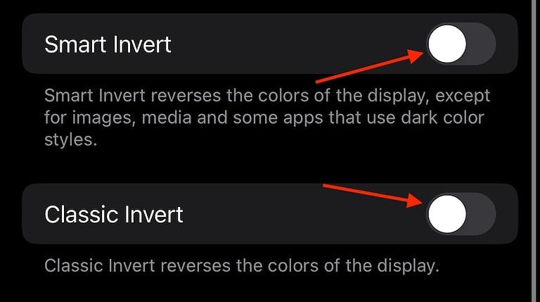 How To Invert Colors On A Picture On iPhone ? 2 iPhone accessibility settings showing Smart Invert and Classic Invert display options.