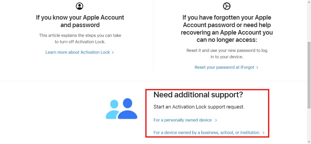 Apple Activation Lock support page showing help options