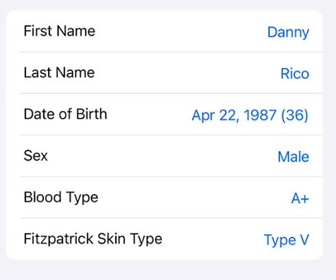Digital profile form displaying personal details such as name, date of birth, sex, blood type, and skin type.
