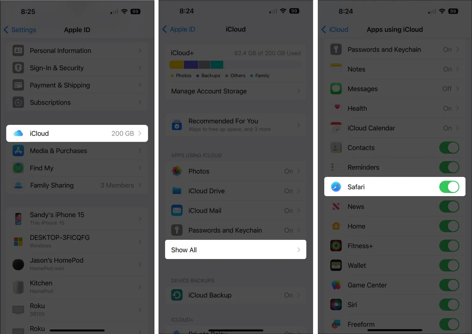 Three iPhone Settings screens: Apple ID → iCloud, then ‘Show All’ apps using iCloud, then ‘Safari’ with its iCloud toggle turned on.
