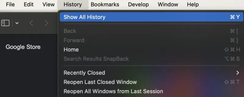 macOS Safari menu open to History, highlighting ‘Show All History’ at the top with keyboard shortcut displayed.