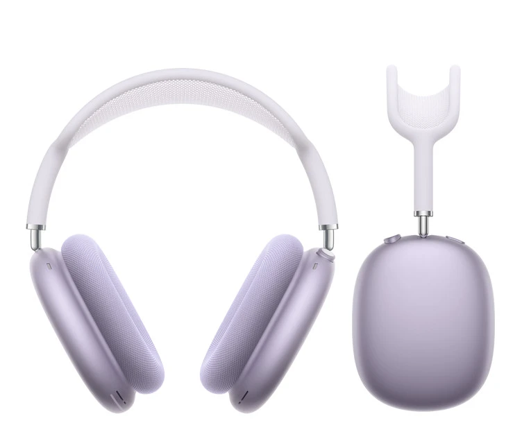 Purple Apple AirPods Max shown front-on, with mesh headband and ear cups, alongside a matching Y-shaped stand.