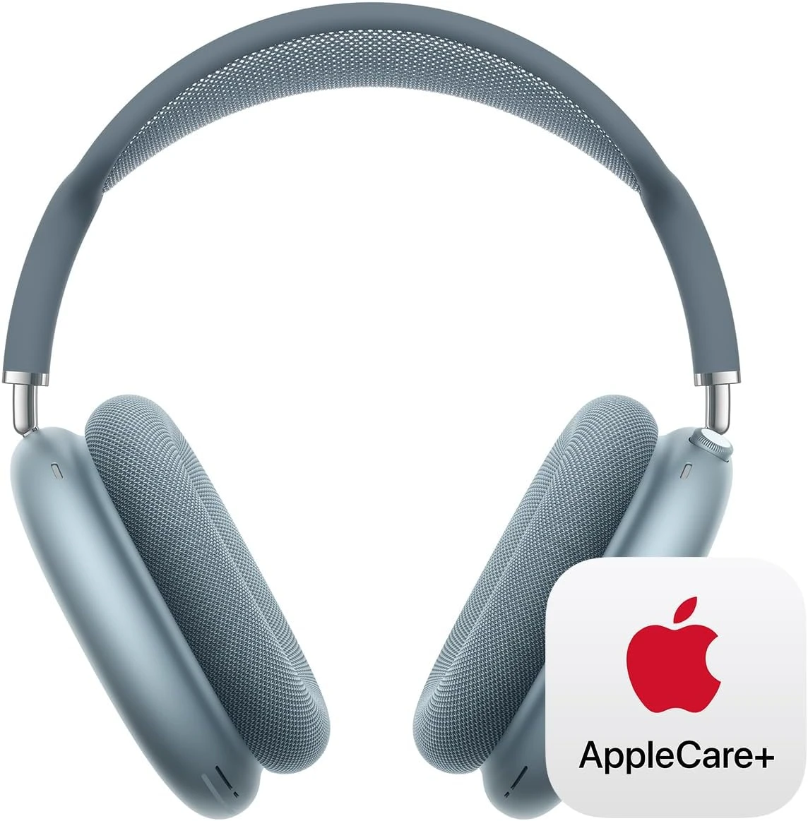 Blue Apple AirPods Max on white background with an AppleCare+ badge in the corner.