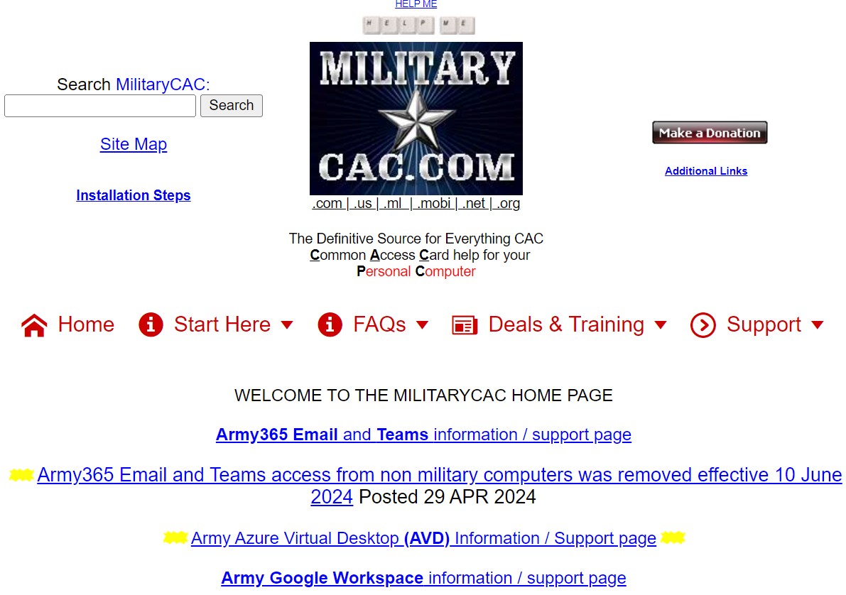 MilitaryCAC.com homepage with links for CAC help, Army365 email, AVD, and Google Workspace
