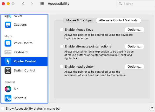 How to Login to Mac Quickly with Shortcuts 3 macOS Accessibility > Pointer Control settings screen with ‘Enable Mouse Keys’ option.