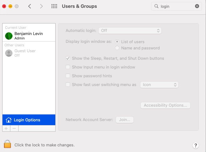 How to Login to Mac Quickly with Shortcuts 4 macOS Users & Groups – Login Options window highlighting Accessibility Options button.