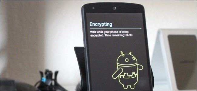 Android phone screen displaying an ‘Encrypting’ progress message with the Android mascot and time remaining